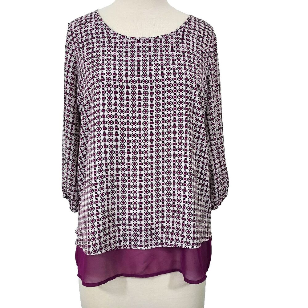Pleione Shirt Top Size Small Flowy 3/4 Sleeve Lined Purple White Lagenlook